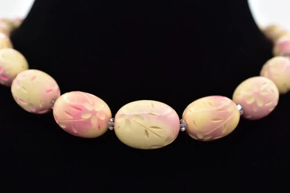 Vintage Flower Carved Beaded Choker Collar Necklace Egg Pink AB Crystal BinBD